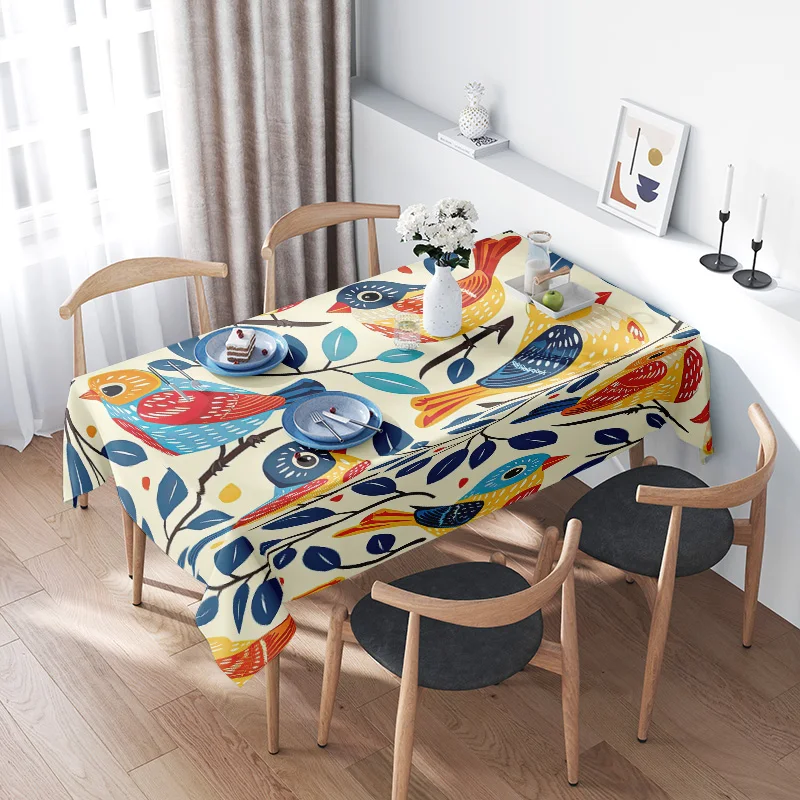 

Modern Colorful Owl Tablecloth Decor for Dining Room Washable Polyester 6 Seat Table Cover