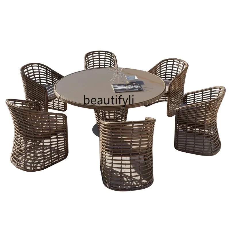 

Outdoor Rattan Occasional Table and Chair Combination Courtyard Terrace Waterproof and Sun Protection Round Table