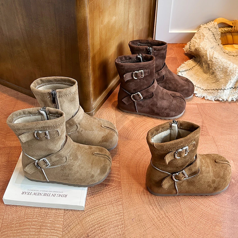 Toddler Girls Buckle Strap Leather Boots 2026 New Winter Kids Plush Lining Ankle Boots Non-slip Classic Princess School Party