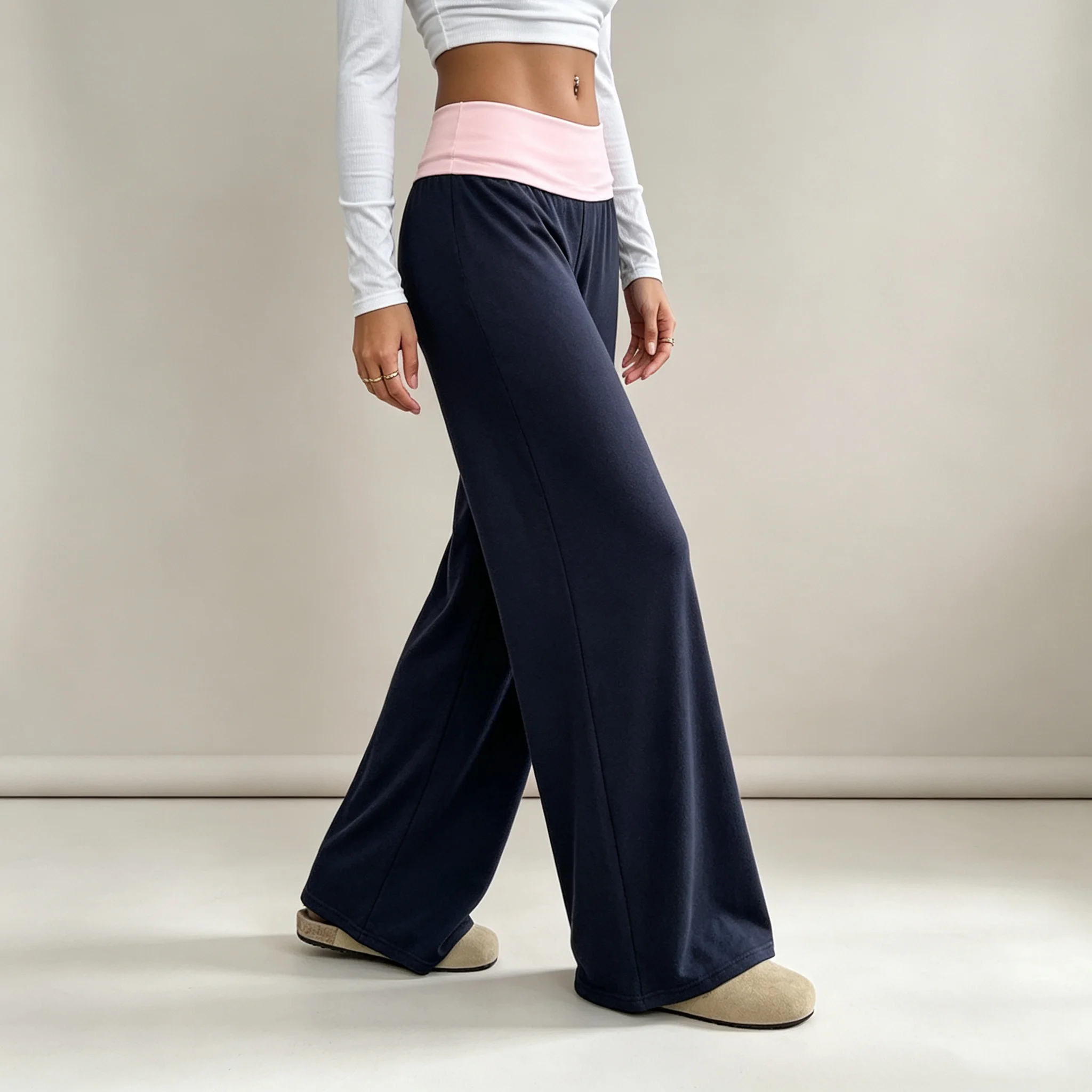 MsChuh Women's Fold Over Waist High Waist Wide Leg Yoga Pants Soft Trousers Slimming Versatile Commuter Fashion Chic Long Pants