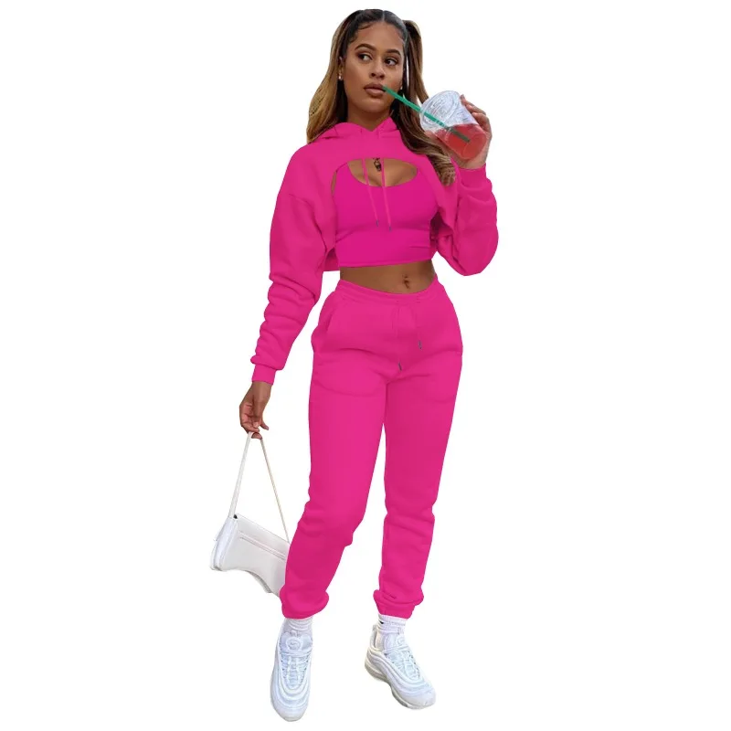 Women Hooded Sportswear Thickened Insulation Set Winter Hoodie Pullover Female Casual Sports Tops Pants Vest 3-piece Set