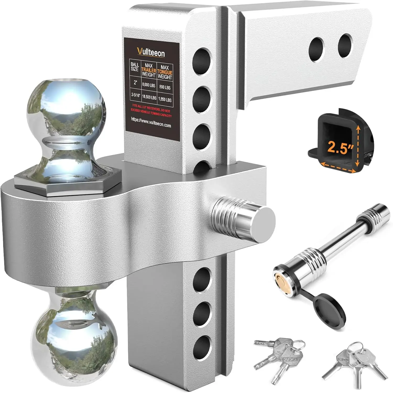 

Drop Hitch for 2.5 Inch Receiver, 8" Adjustable Trailer Hitch Ball Mount, 18,500 LBS GTW, Dual Chrome Balls with Anti-Theft