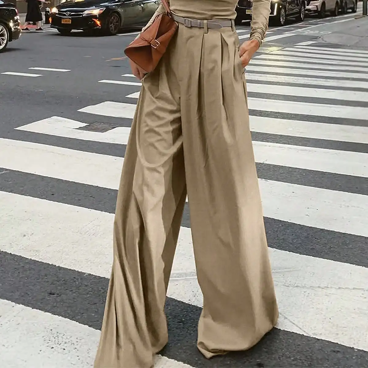 Pantalones de mujer informales de cintura alta, pantalones de pierna ancha, pantalones holgados de color liso para oficina y uso diario