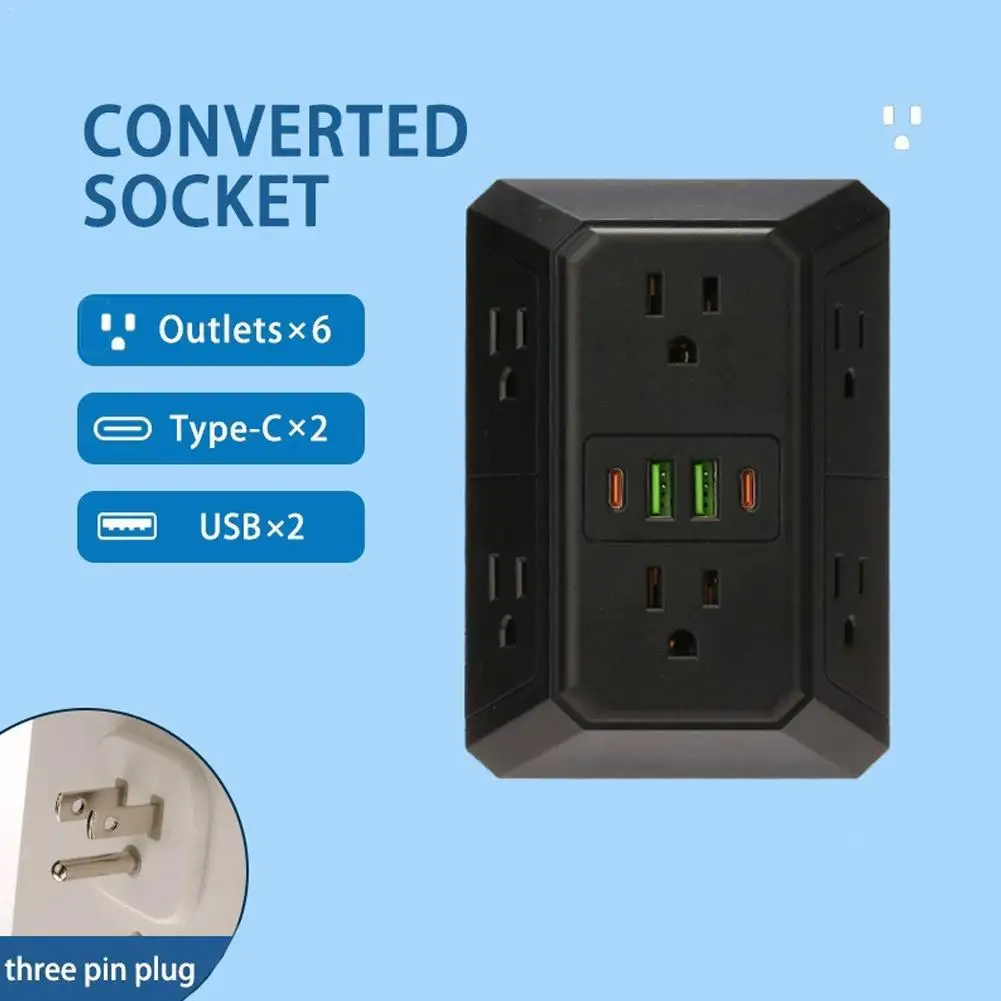 6-Outlet Power Strip Extender with 2 USB-A & 2 Type-C Ports Surge Protector Wall Outlet Adapter 2500W for Home Office Dorm