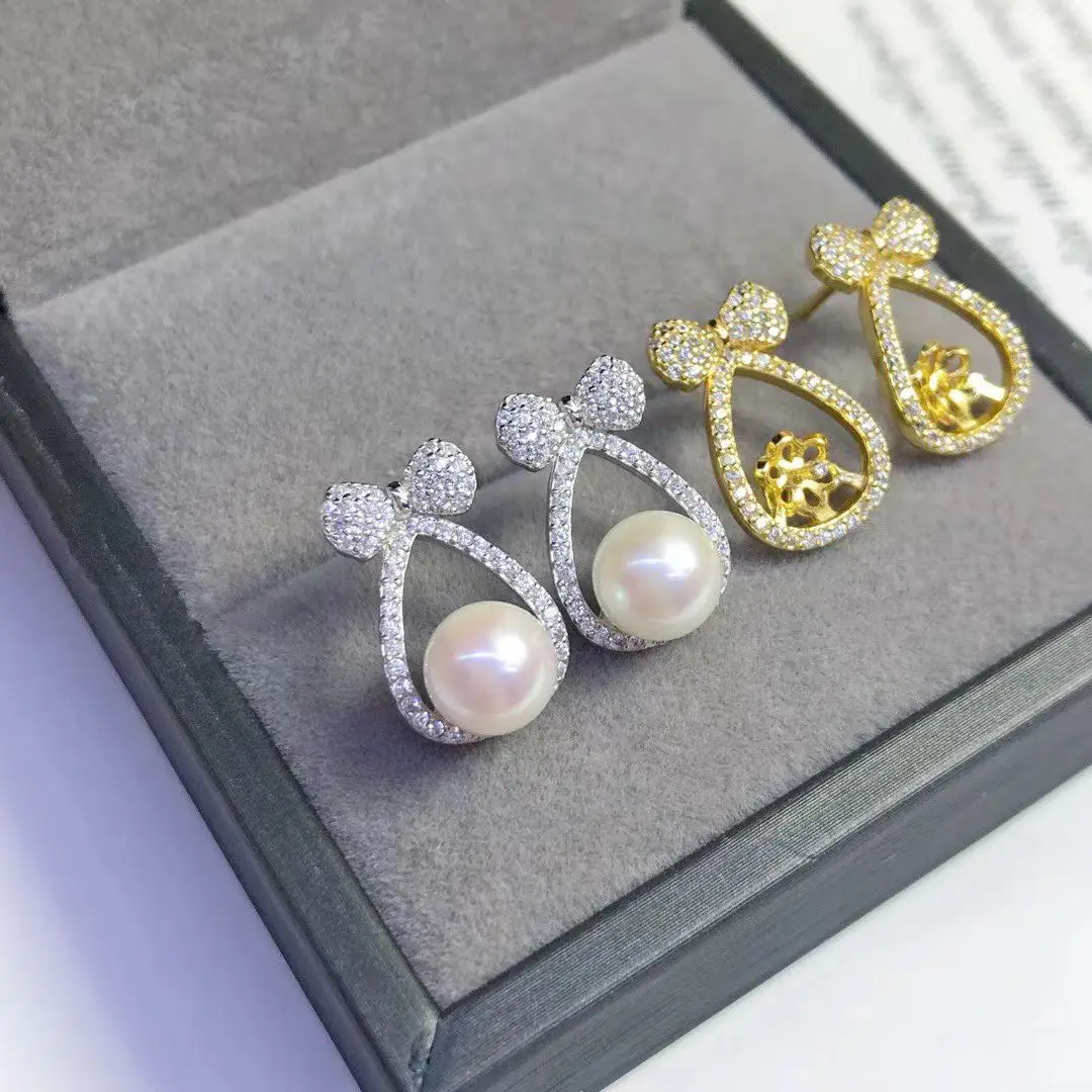 الجملة S925 فضة أقراط جبل النتائج إعدادات قاعدة تصاعد أجزاء ملحق ل 7-8 مللي متر اللؤلؤ 5 زوج/وحدة #4