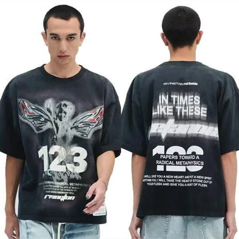 Washed RRR-123 SS26 Magma Print Pattern T-Shirt Men Women Best Quality Black Angel Print Tee T Shirt