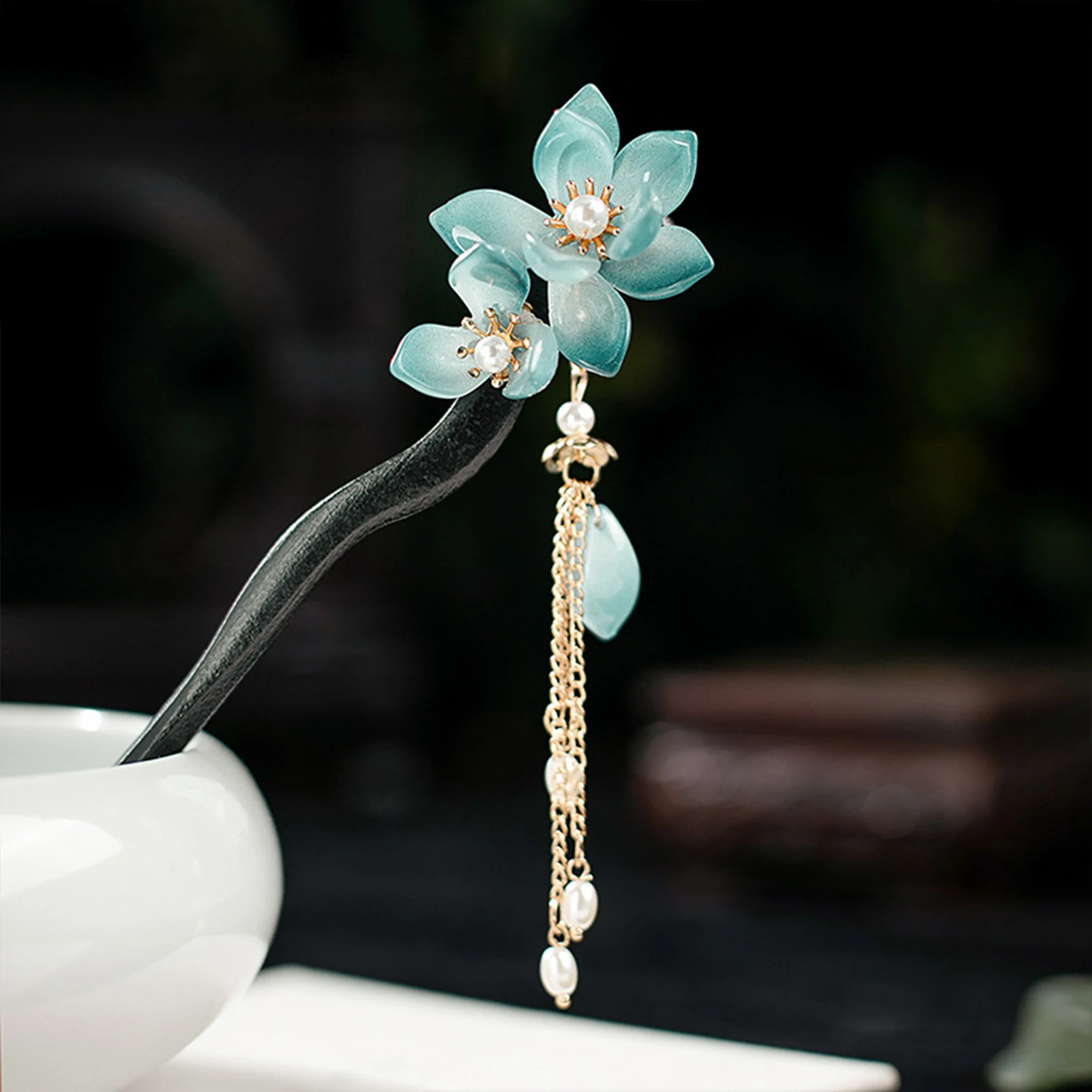 Chinesische Haar Stick Ebonized Holz Floral Fransen Kopfbedeckung Vintage Perle Haarnadel Gabeln Für Frauen Klassische Han Kostüm Haar Schmuck