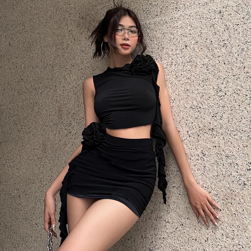 

XY23031 Летний элегантный тонкий модный повседневный женский топ с цветочным принтом, облегающая короткая юбка, комплект для девочек