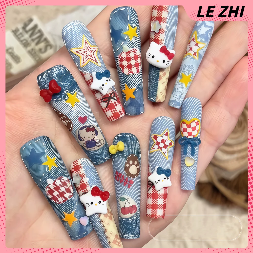 

Cartoon Cute Hello Kitty Denim Patchwork Handmade Long Coffin Fake Nail 3D Five-Pointed Star Bowknot Cherry Apple Press On Nails