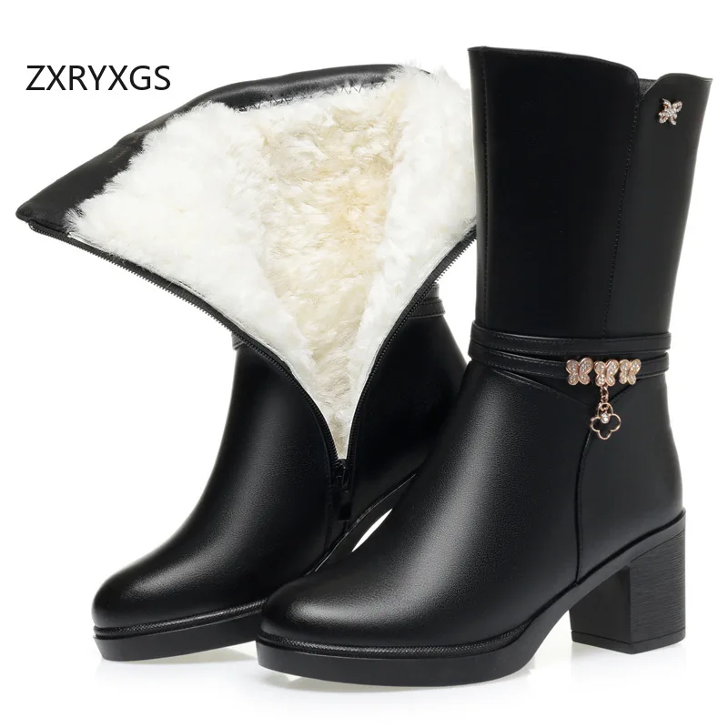 ZXRYXGS Large Size 43 Elegant Rhinestone Genuine Leather in-tube Black Boots Fashionable Shoes Woman New 2024 Winter Snow Boots