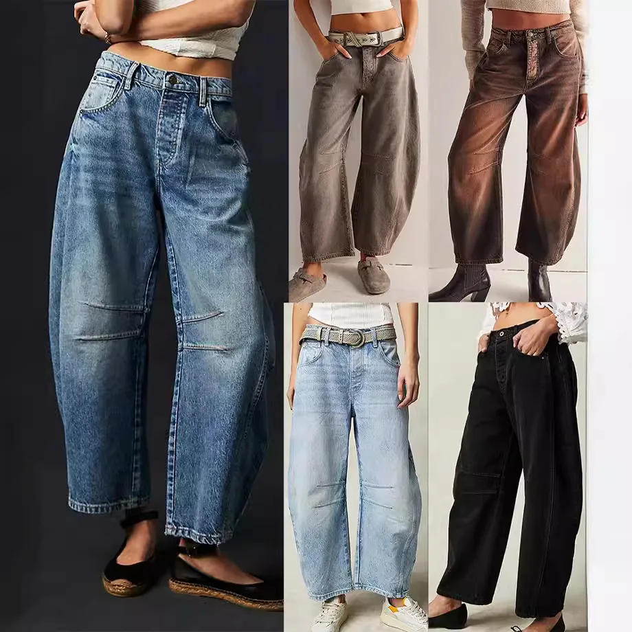 Cotton Denim Long Jeans For Women Trousers Casual  High Waisted Jeans Cropped Pants For Spring Summer Boho Beach Baggy Jeans