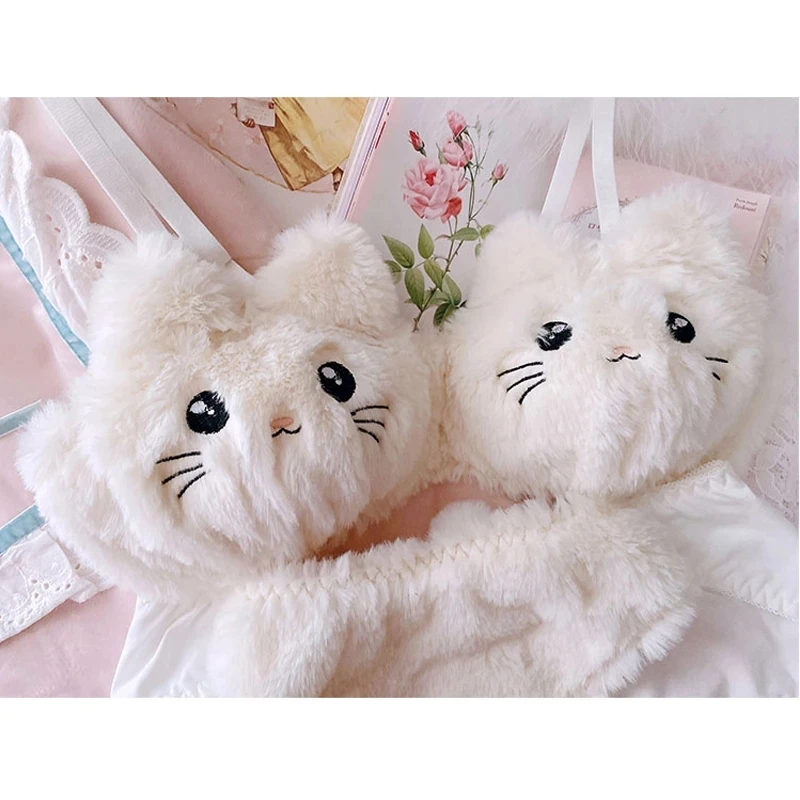 COZOK 2023 Kawaii Soft Plush Student Lingerie Cute Girl Women Cartoon Embroidery Cat Bra Sexy Pink and White No Steel Ring Set