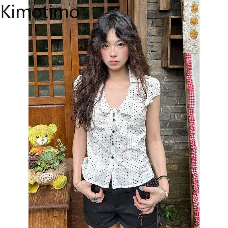 Kimotimo Polka Dot Bandage Bow V Neck Shirt Women Summer Fashion Slim Fit Waist Short Sleeve Blouse Sweet Y2k Aesthetic Crop Top