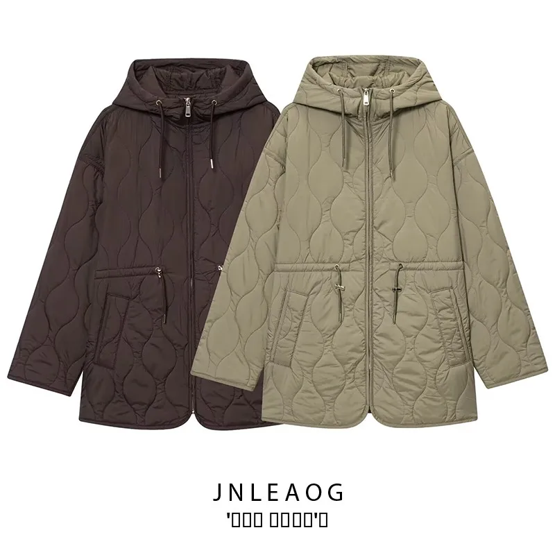 

Faionable Hooded Waist-Cinching Jaet Street Sle Long Sve Zipper Closure Color Women's Cotton Jaet for Autumn