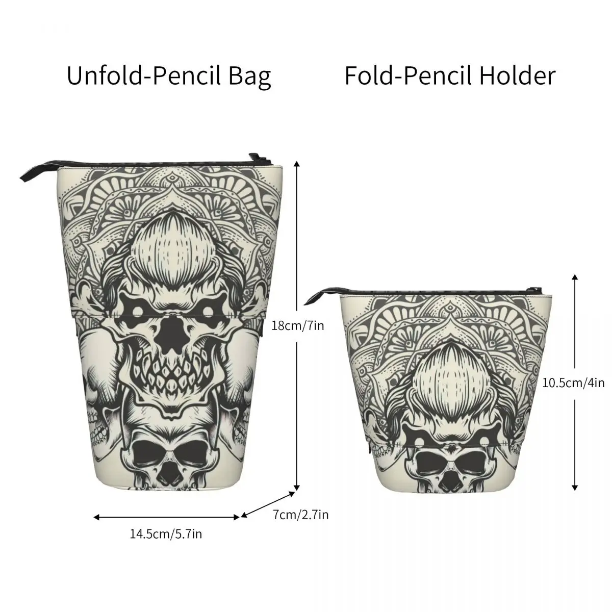 Skull With Vintage Circle Mandala Pen Box Student School Zipper Pen Bag Pencase Vertical Retractable Pencil Case