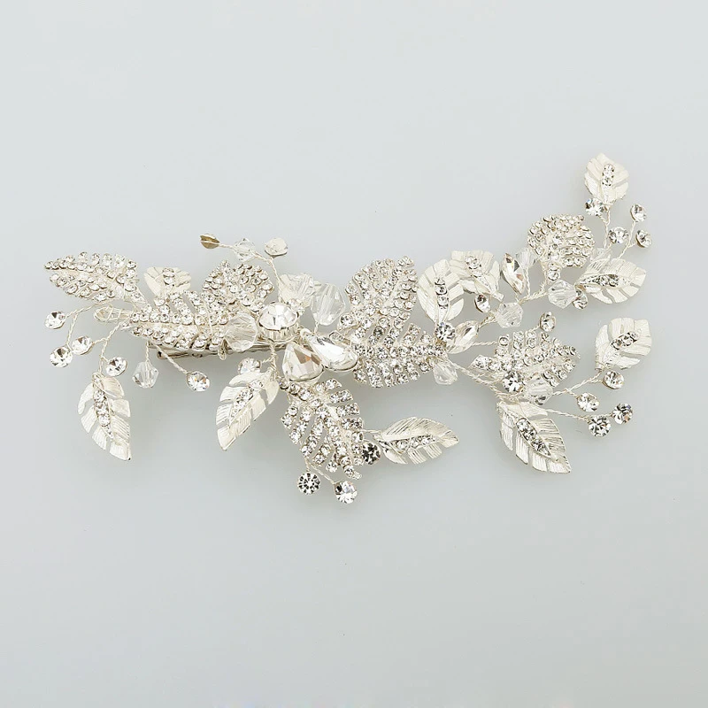 SLBRIDAL Handmade Silver Color Rhinestone Crystal Flower Wedding Hair Clip Barrette Bridal Headpiece Hair comb accessories Women
