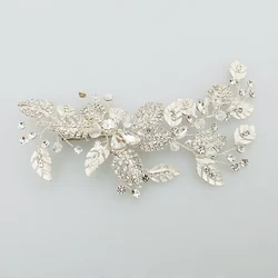 SLBRIDAL Handmade Silver Color Rhinestone Crystal Flower Wedding Hair Clip Barrette Bridal Headpiece Hair comb accessories Women