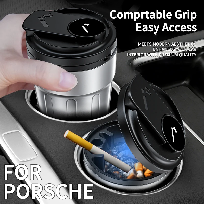 Portable Car Ashtray For Porsche Lid 718 Cayman 911 Carrera Panamera Taycan Macan Cayenne Easy Open Flip Lid Ashtray