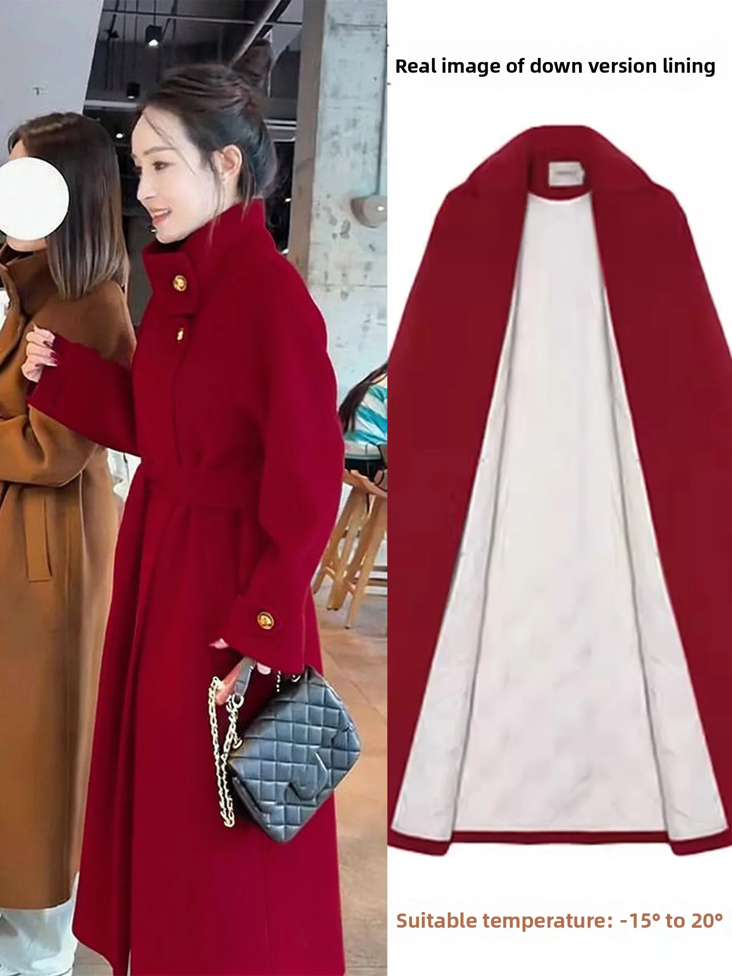 

Red down Inner Woolen Coat Women's New Year's New Sle Korean Suit Mid-Length Winter Faion Commute Pure Color Button Design