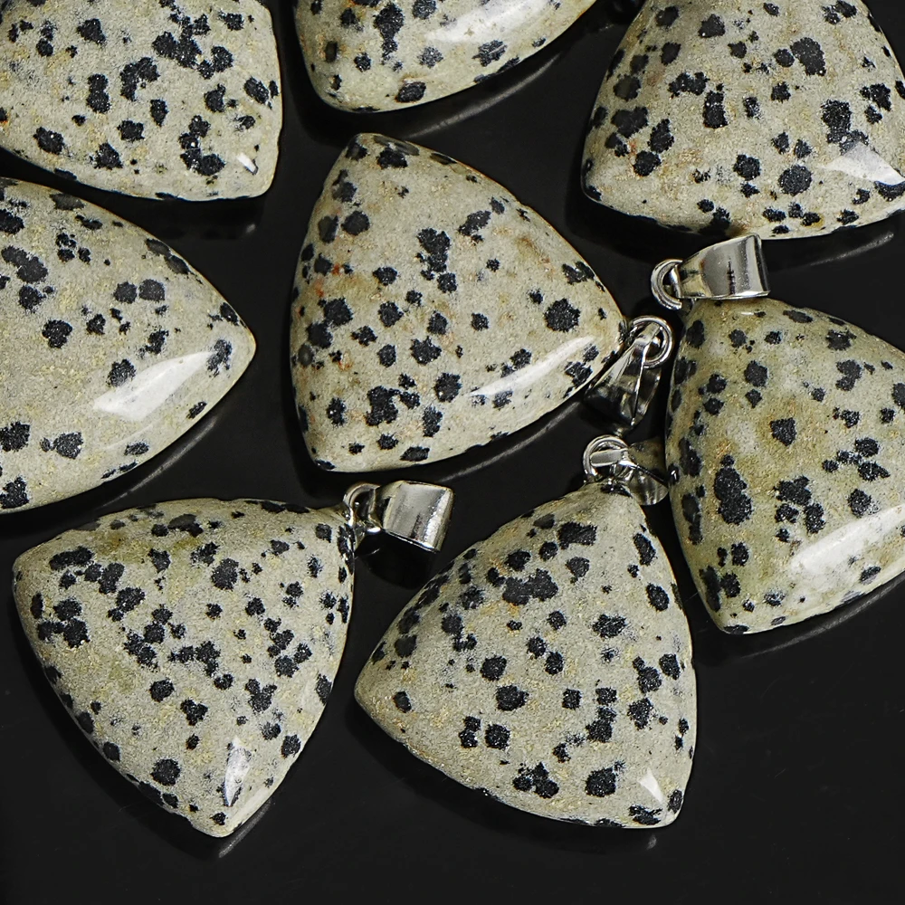 DALMATIAN STONE PENDANT NATURAL 24X24X11MM TRIANGLE GEMSTONE CHARM SMOOTH POLISHED FOR DIY NECKLACE MAKING AND JEWELRY CRAFTS