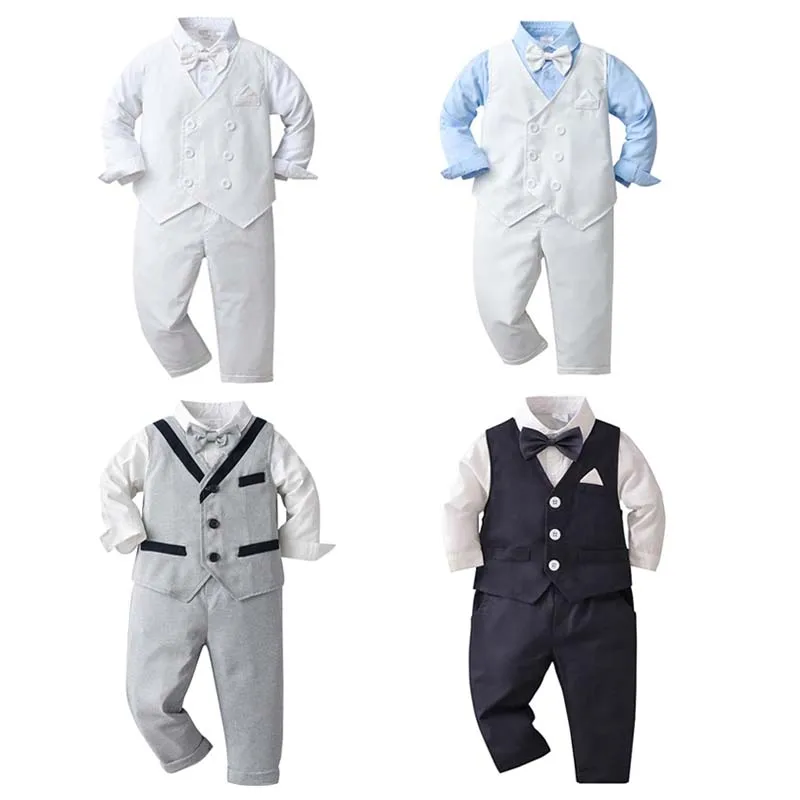 

Baby Boy White Gentleman Clothing Suit Infant Long T-Shirt+Vest+Pants Christening Outfit Bebe Kids England Baptism Clothes Set