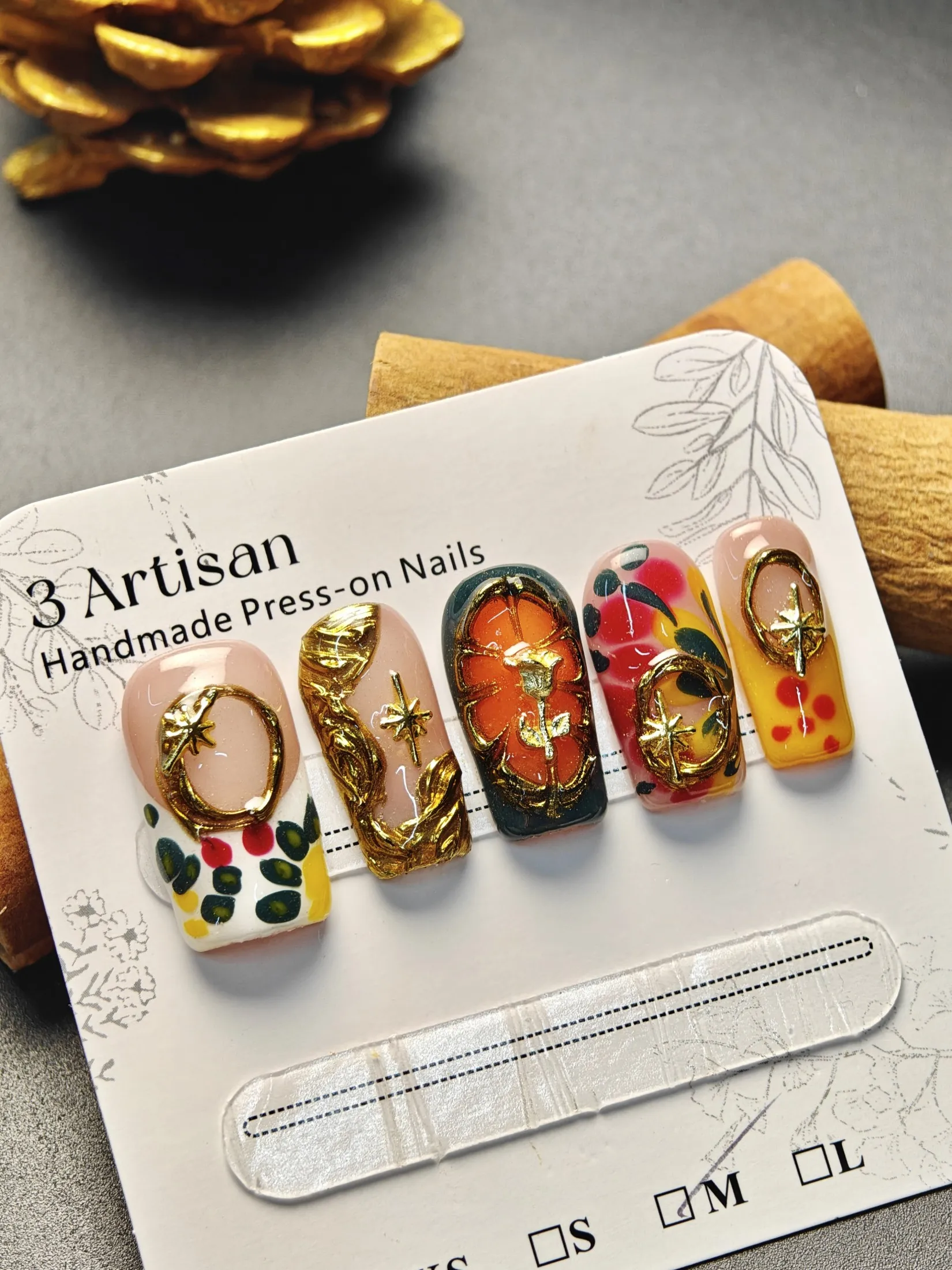 10pcs Square Medium Handmade Press On Nails, Colorful Retro Y2K Art Style in Yellow, Red, Nude & Gold with 3D Gold Frames and Star Accents, Suitable For Fall Parties & Holidays, For Women & Girls