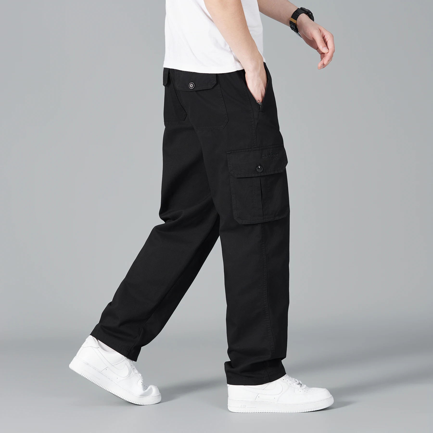 

Мужские комбинезоны из чистого хлопка, повседневные брюки с несколькими карманами, модные дышащие брюки на шнурке, высокое качество, свободные, большого размера, с большим карманом