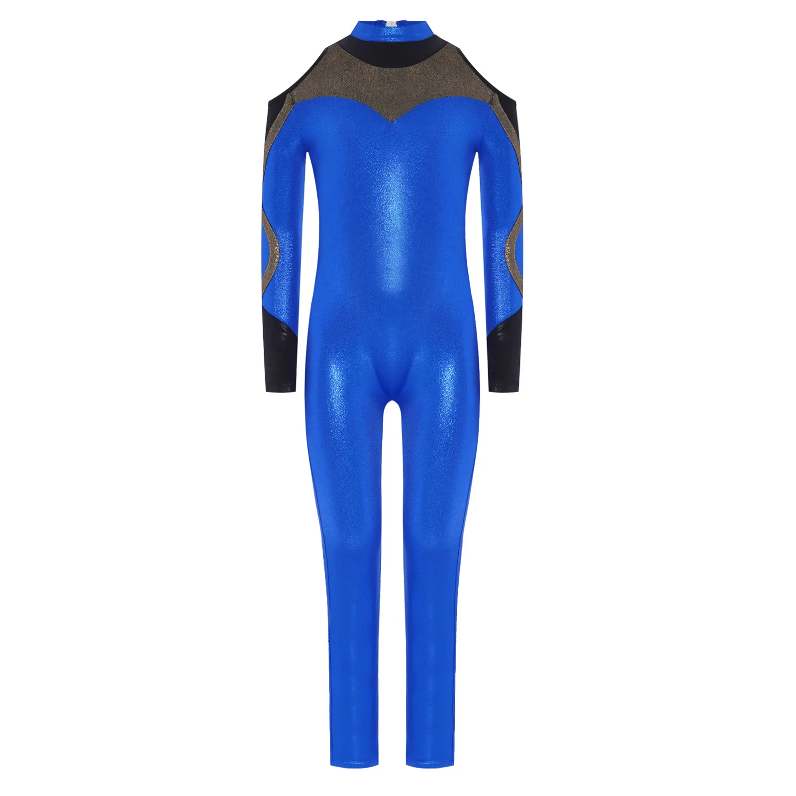 

Kids Girls Acrobatics Gymnastics Jumpsuit Long Sleeve Cold Shoulder Contrast Color Shiny Metallic Dance Bodysuit Yoga Tracksuit