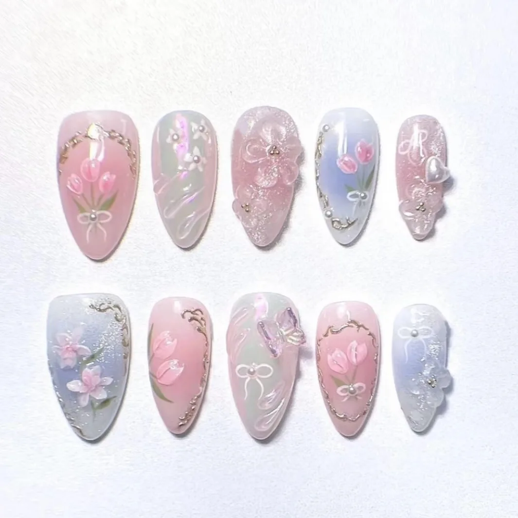 

24Pcs Cat's Eye Gradient Press on False Nails Mid-length Almond Fake Nails 3D Flower Butterfly Detachable Full Cover Nails Tips