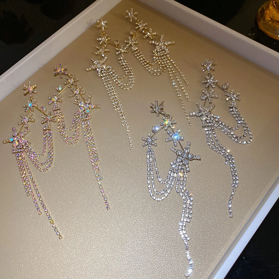 Gold-color And Silver-color Plated Rhinestone Starburst Tassel Drop Earrings For Women Luxury Party Jewelry