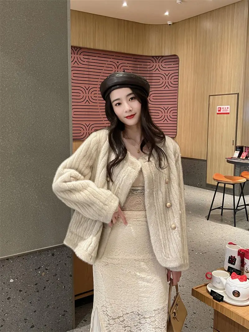 New Style Female Round Neck Double-breasted Imitation Mink Hair Vertical Grain Fluffy Coat Eco-friendly Fur for Autumn and Winte