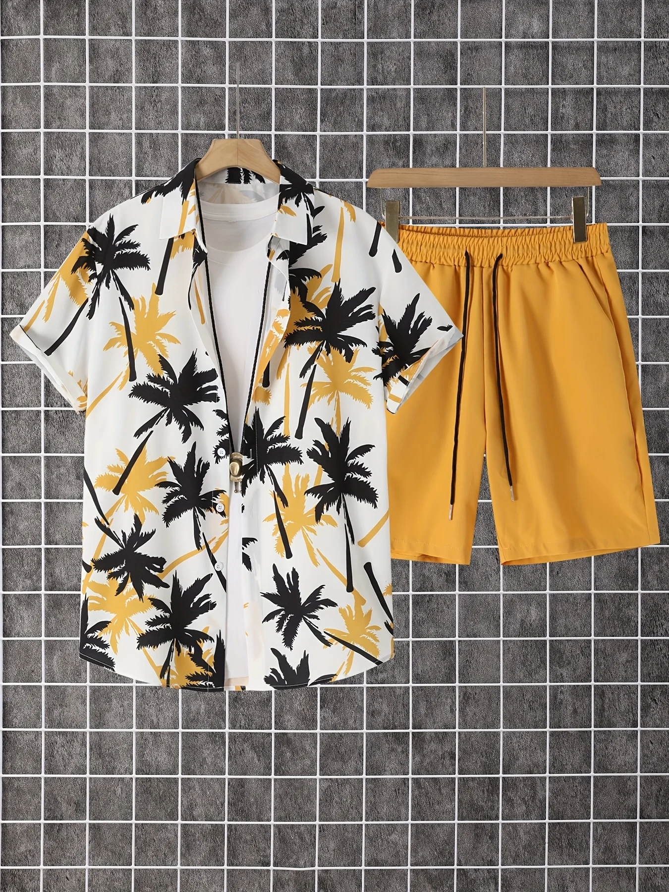 New Hawaiian Coconut Tree Print Men's Shirt Summer Short-Sleeve Shirt Top Beach Shorts Two-Piece Set Casual Resort-Style Apparel