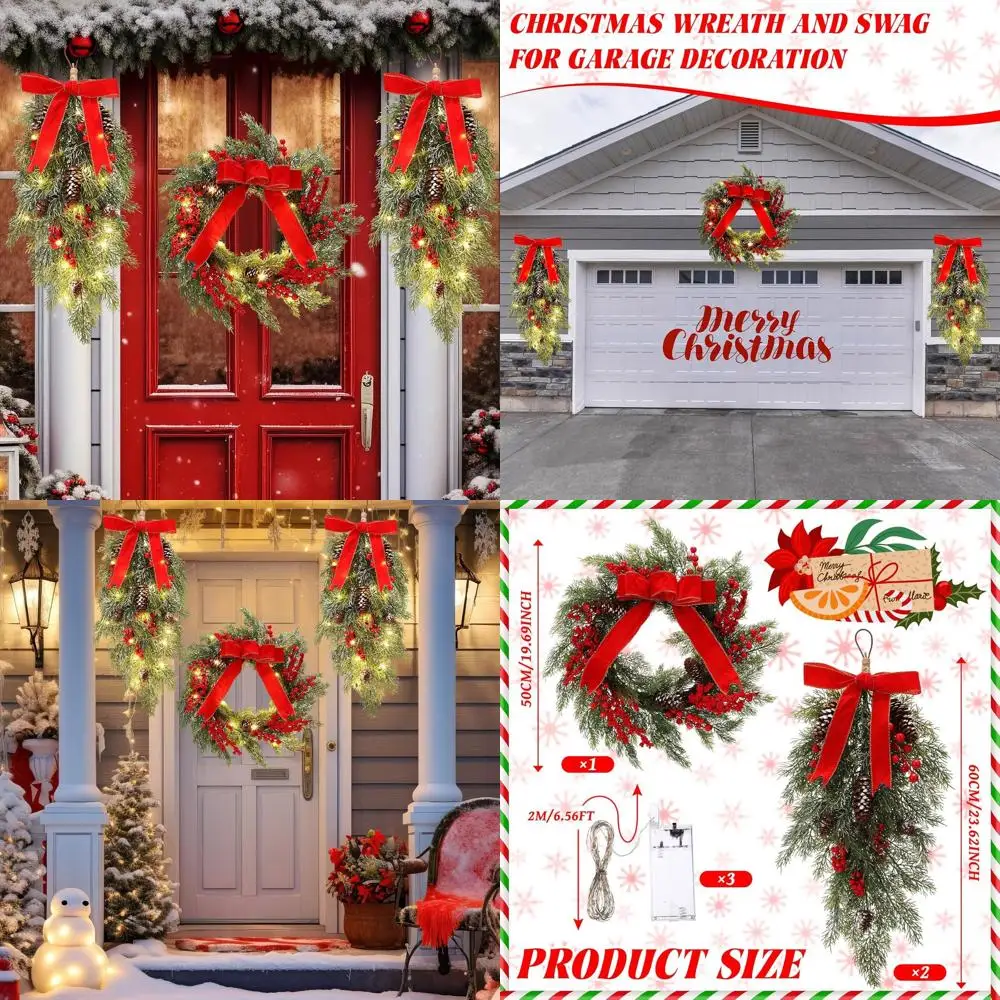 

Набор рождественских венок и кужков с предварительной подсветкой, 24 искусственными лямками-каплями с сосной, кипарисом, бантиками, сосновыми шишками и ягодами для улицы