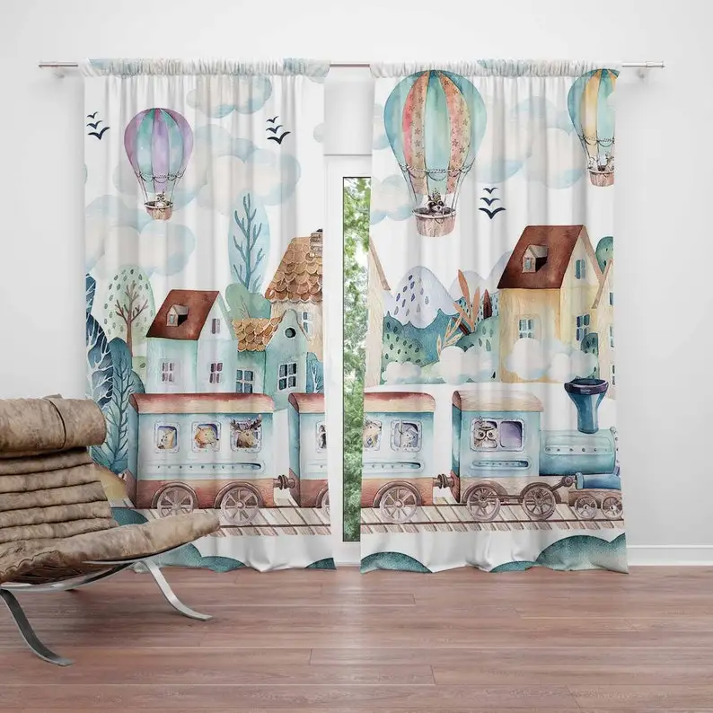 Train Nursery Curtains Hot Air Balloon Kids Bedroom Curtains Black Nursery Decor Baby Room Curtains Bedroom Living Room Curtain