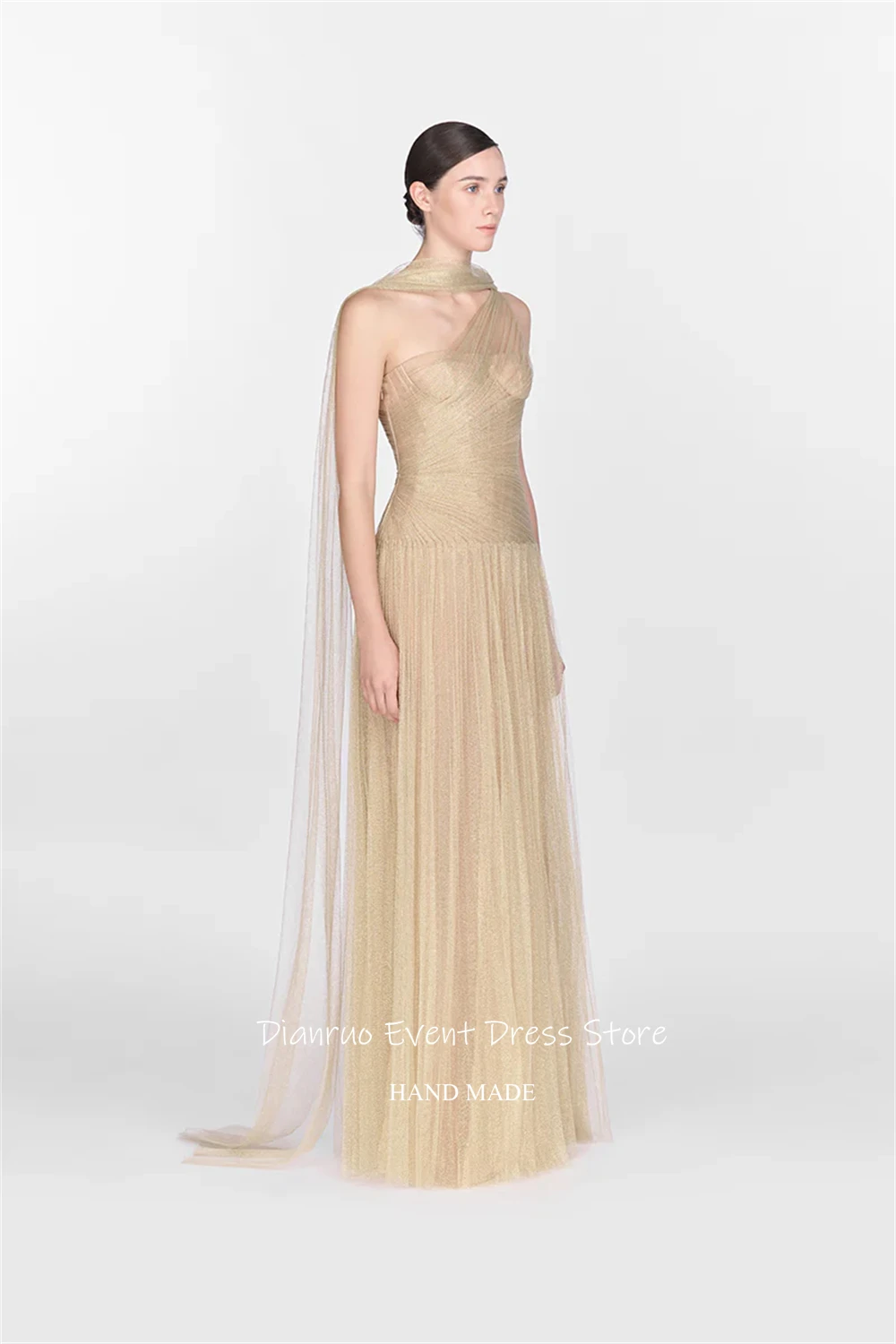 Dianruo فساتين سهرة من التل الذهبي بكتف واحد رسمية على شكل حرف A رداء حفلات أشرطة مكشكشة فيستدوس دي متدرج مخصص #4