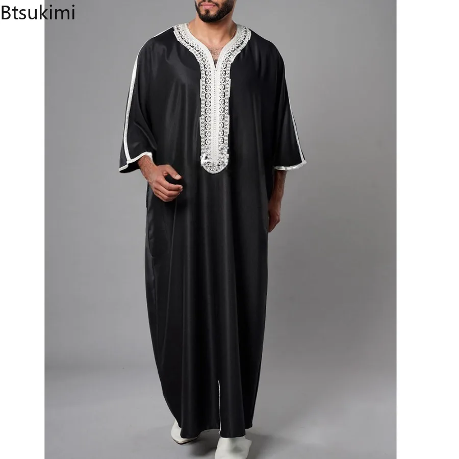 2025 New Muslim Kaftan Men Fashion Short-sleeved Embroidered Moroccan Arab Long Robes Ethnic Style Casual Dress Jubba Thobe Male