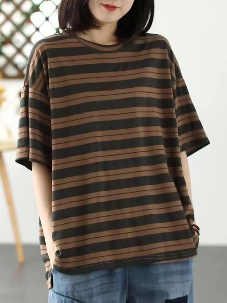 camiseta-casual-de-verao-com-listras-estilo-retro-coreano-manga-curta-top-versatil-com-design-em-bloco-de-cores-e-bolso-para-mulheres