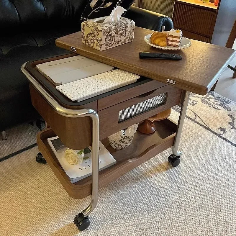 French Retro Solid Wood Retractable Coffee Table High End Foldable Trolley Movable Side Table Living Room Furniture