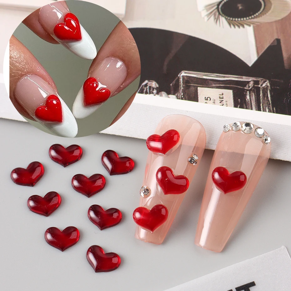 100pcs Valentine's Day 3D Red Love Heart Nail Charms - High-Quality Flat Bottom Gems for DIY Manicure Decorations