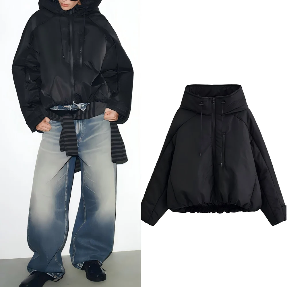 

Women's 2025 winter new thick warm black hooded cotton Coat retro long sleeved zipper pocket women's coat chic top