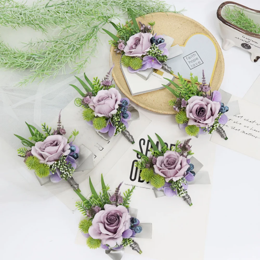 Flores de lavanda para boda, alfileres para invitados, rosa de seda, ojal, accesorios de solapa, decoración para mesa de Graduación