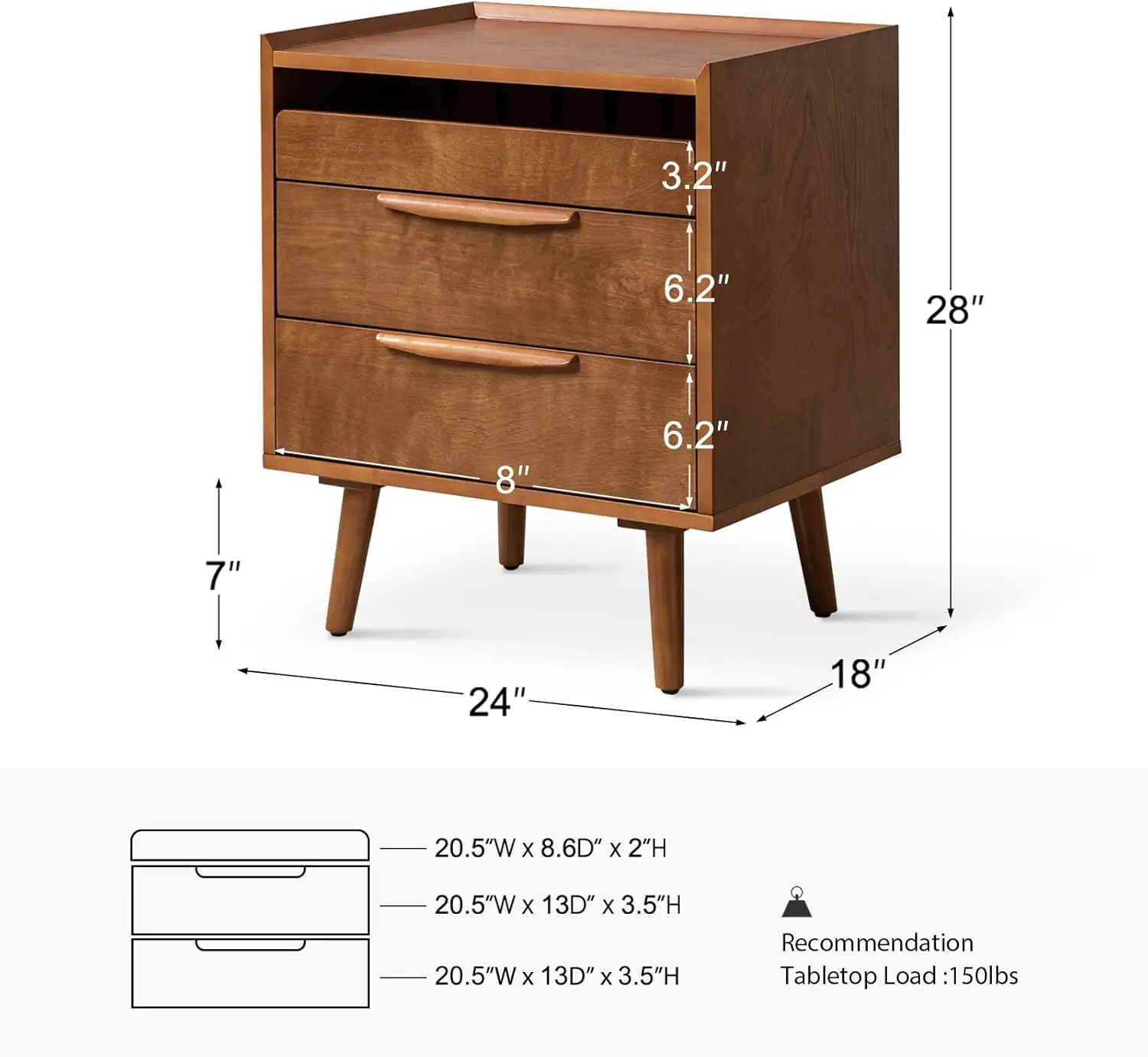 

Nightstand with Charging Station, Mid-Century Modern 2 Drawer and Open Shelf Bedside Tables, Wood Night Stand