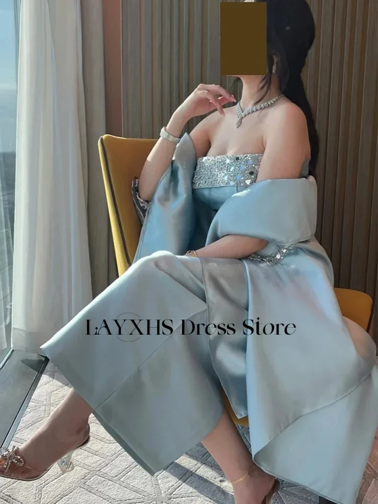 LAYXHS หรูหรา 2 ชิ้นชุดราตรีสีฟ้า Strapless ลูกปัดผ้าคลุมไหล่ชา-ความยาว Party Prom Gowns ที่กําหนดเอง