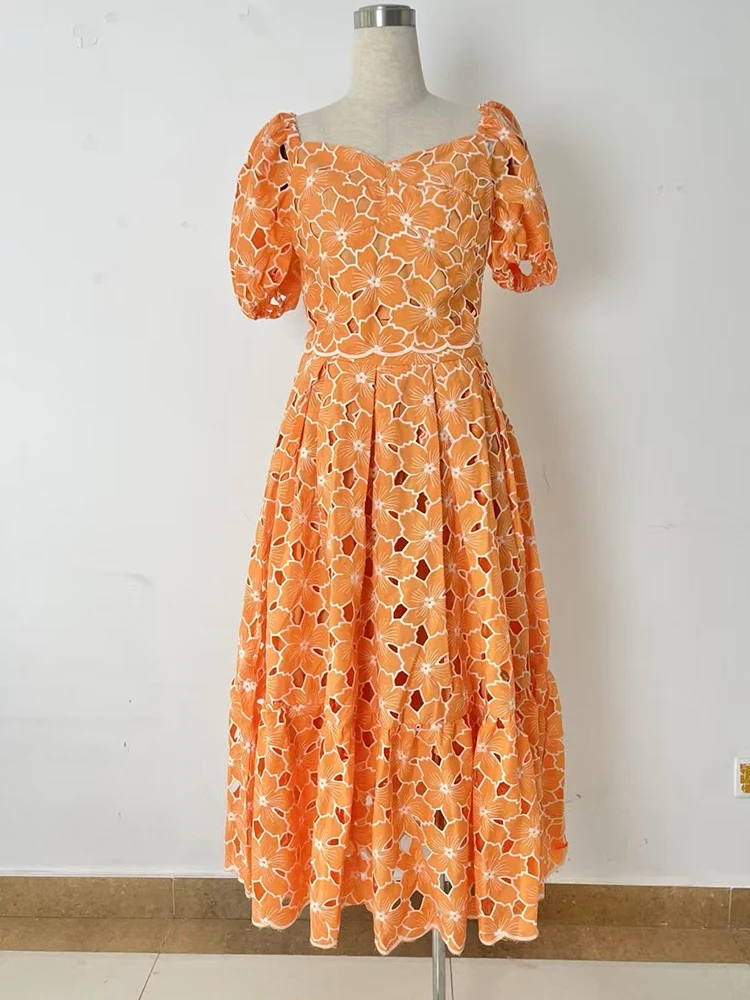 

2025 Summer New Women's Suit with Square Collar, Short Sleeve, Hollow Embroidery, Short Top and High Waist, Two-piece Skirt