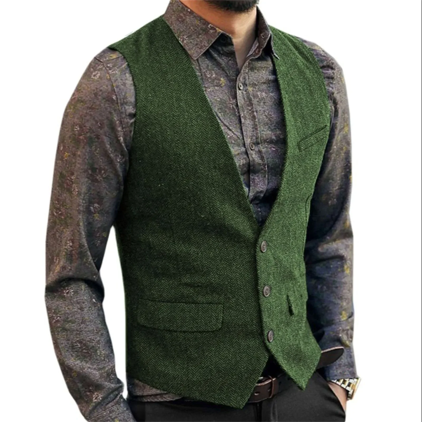 Men Herringbone Tweed Suit Vest Single Breasted Slim Fit Waistcoat Males Plus Size Groom Wear Groomsman Vest Customized