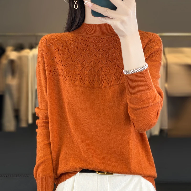 Women's Pullover Autumn New Worsted Wool Sweater Casual Hollow Knitwear Ladies' Tops Loose Half Turtle Collar Blouse