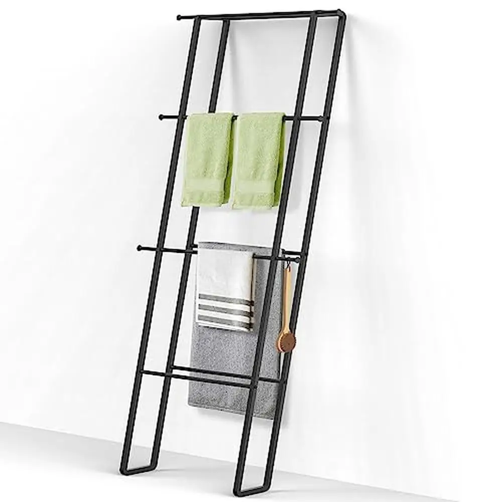 4-Tier Blanket Ladder Towel Rack Wall Leaning Stand Rust-Resistant Steel Matte Black Finish Towel Holder Organizer Bathroom