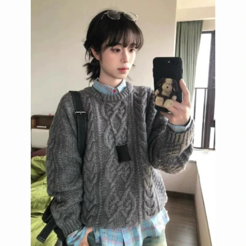 

Серые свитера в консервативном стиле Deeptown, женские винтажные повседневные трикотажные пуловеры больших размеров, однотонные осенне-зимние свитера с длинными рукавами