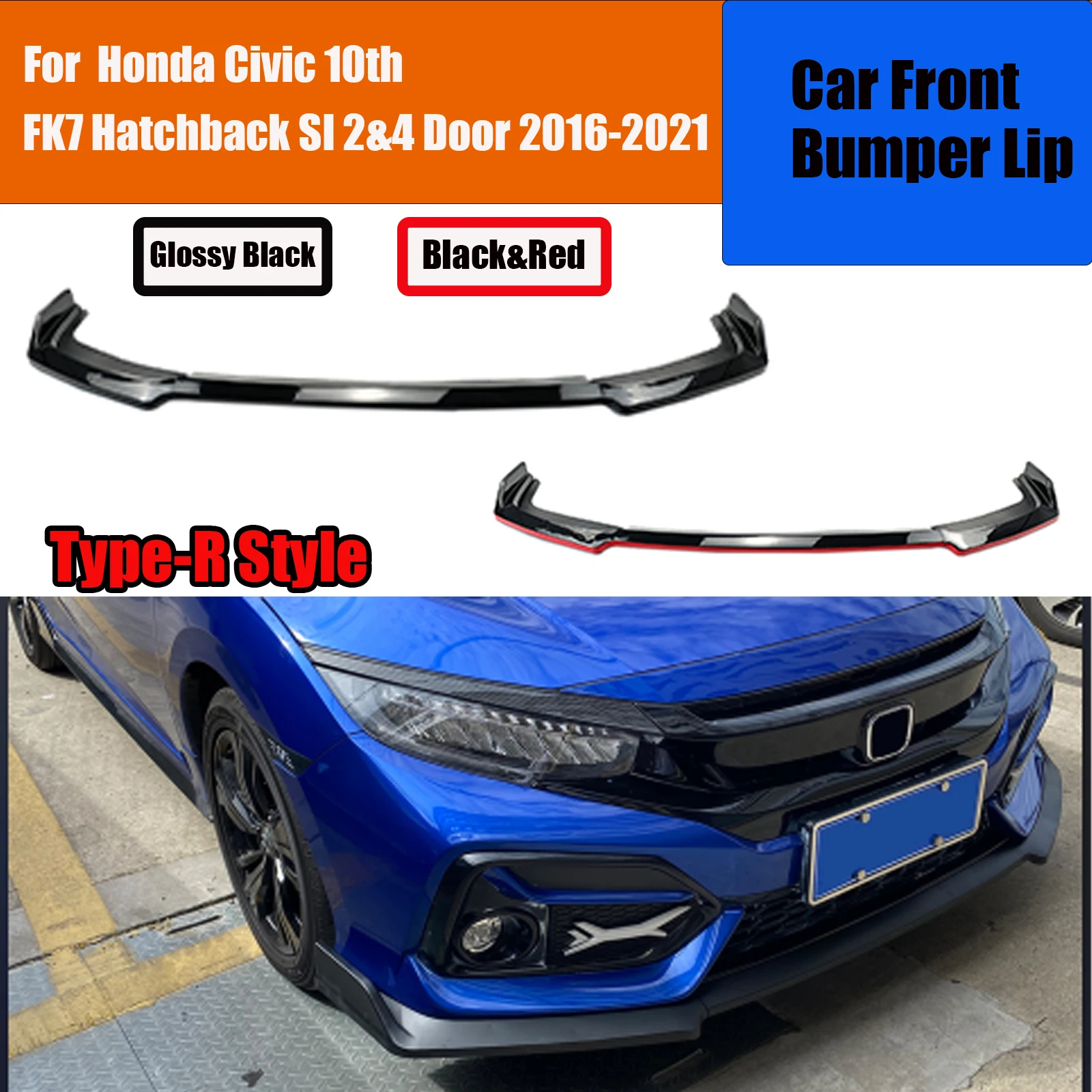 5PCS Front Bumper Spoiler Lip For Honda Civic 2016-2021 10th Generation Hatchback SI 2 Door Or 4 Door TYPE-R STYLE Black Red