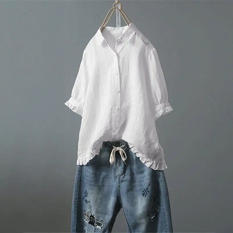 

Loose Casual Cotton Linen Solid Shirt Women Elegant Ruffled Lapel Single Breasted Short Sleeved Shirt 2025 Summer Fashion New